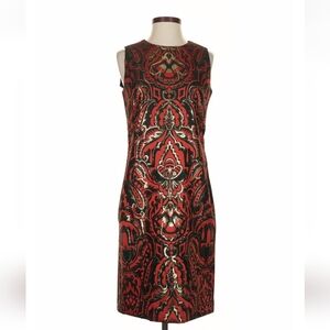 J. McLaughlin Red and Black Brocade Midi Sheath Dress with Gold Accents